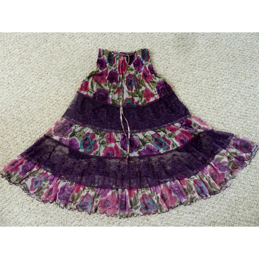 LAPIS Women Small Floral Lace Tiered Midi Skirt Fairy Boho Purple Smocked Waist